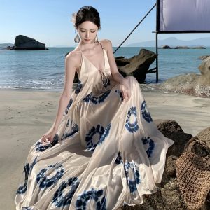 2024 Summer V-Neck Floral Print Open Back Long Dress