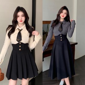 Women's Slimming Preppy Style Two-Piece Set 2025 Spring Long Sleeve Shirt and Corset Skirt