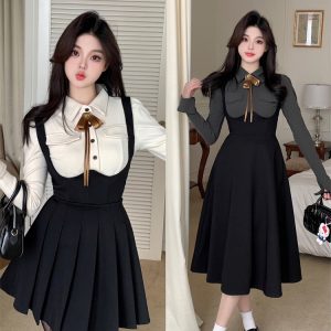 Plus Size Korean Drama Style Women's Spring Outfit Set Long Sleeve Cinched Shirt with Draped Suspender Dress