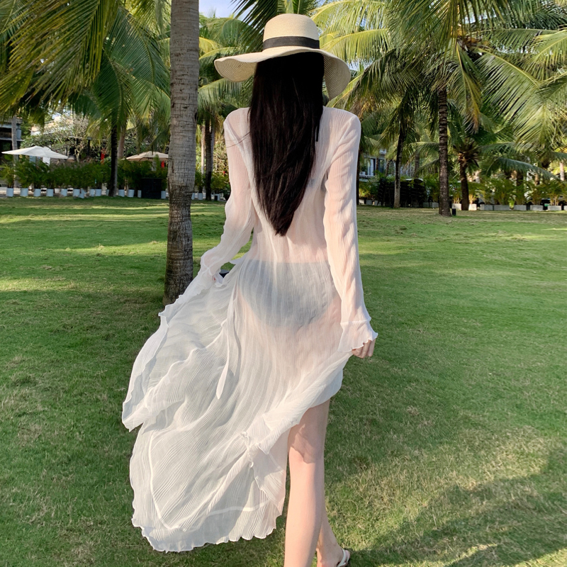 Vacation Style White Sun Protection Cardigan Long Beach Cover-Up Photogenic Seaside Outfit - Image 3