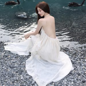 White Halter Neck Slip Dress Women Summer 2024 French Long Vacation Dress