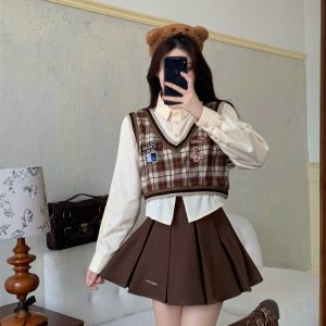 Bow Girl American Retro Faux Two-Piece Shirt Women 2025 Spring Preppy Style Top