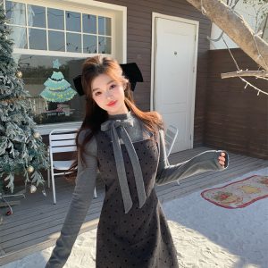 Sweet Bow Long Sleeve T-Shirt and Polka Dot Pinafore Dress Two-Piece Set for Women Spring Layering - Style 24fd32