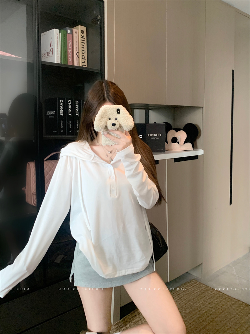 Women's Relaxed Button Hooded Long Sleeve T-Shirt - Image 2