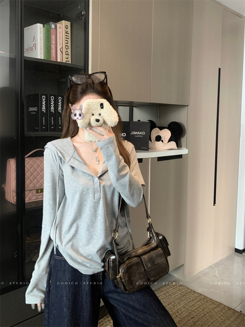 Women's Relaxed Button Hooded Long Sleeve T-Shirt - Image 3