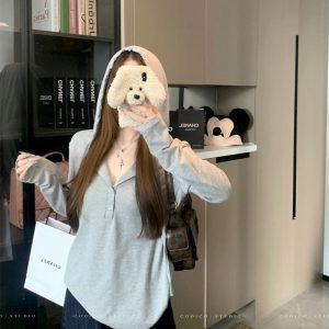 Women's Relaxed Button Hooded Long Sleeve T-Shirt