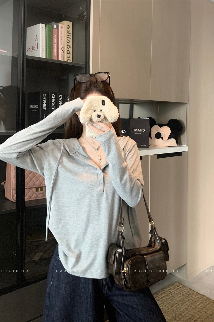 Women's Relaxed Button Hooded Long Sleeve T-Shirt - Image 5