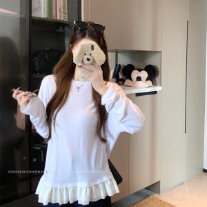 Women's Long Sleeve Lace Trim T-Shirt Cotton Loose Fit White Top