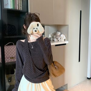 Women's Off-Shoulder Long-Sleeve T-Shirt Cotton Loose Korean Style Fall Top