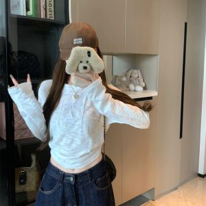 Women's White Long Sleeve Lace Trim T-Shirt with Relaxed Design