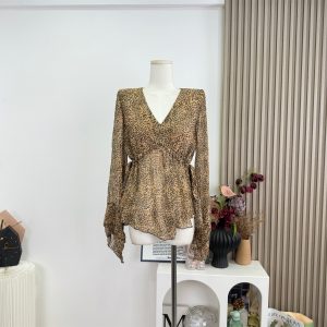 Leopard Print Chiffon Top for Women Summer V-Neck Slimming Waist