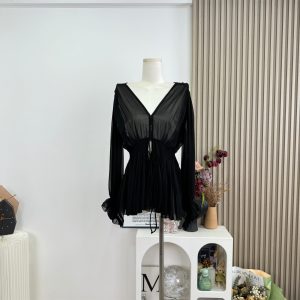 Cher Black Chiffon Muse Blouse with Lantern Sleeves and Deep V Neck Women Summer Top