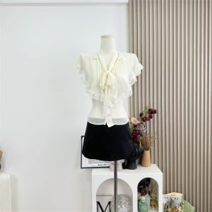 OKMASHOP White V-Neck Ruffle Lace Blouse for Women Summer Slim Fit