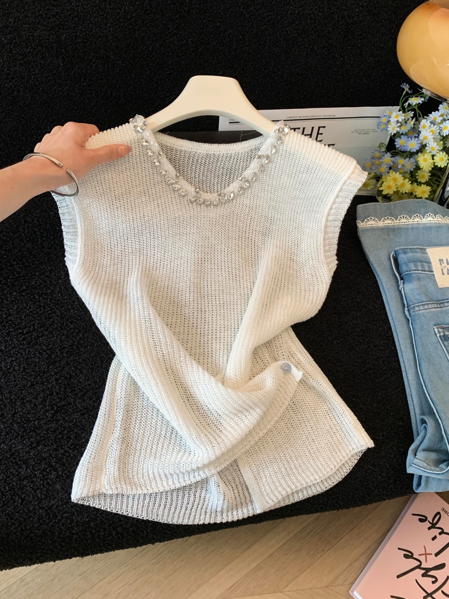 French Style Rhinestone V-Neck Flutter Sleeve Knit Top for Women Summer Loose Slimming Pullover - Image 3