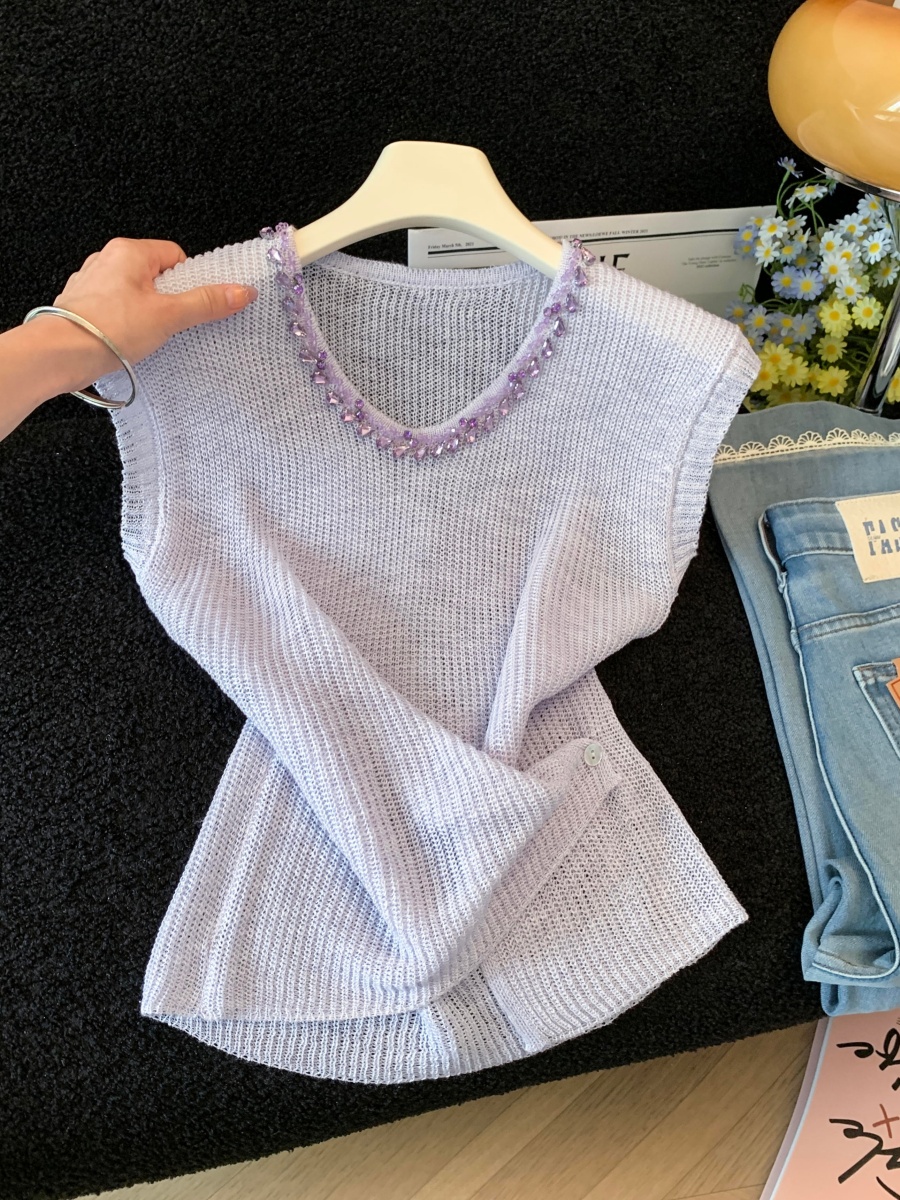 French Style Rhinestone V-Neck Flutter Sleeve Knit Top for Women Summer Loose Slimming Pullover - Image 2