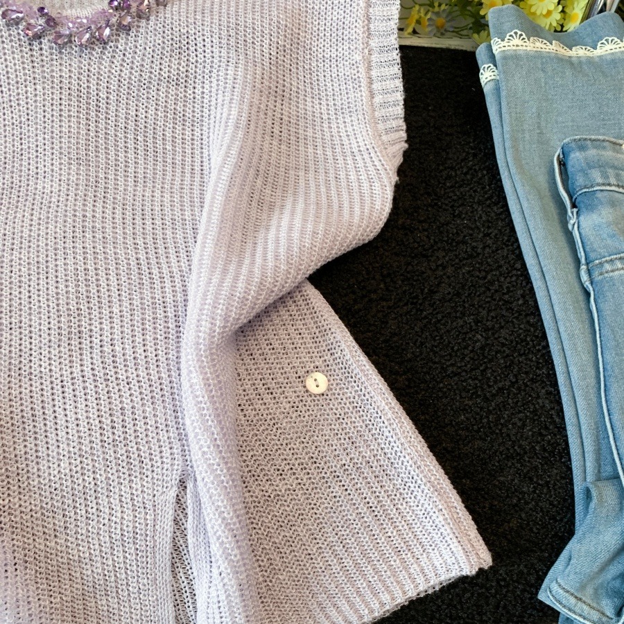 French Style Rhinestone V-Neck Flutter Sleeve Knit Top for Women Summer Loose Slimming Pullover - Image 5