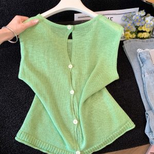 Women's Sleeveless Round Neck Loose Knit Vest Top with Back Cutout