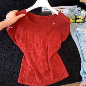Retro Red Round Neck Cap Sleeve Knit Short Sleeve Women Summer Back Cross Tie Waist Slimming Cropped Top