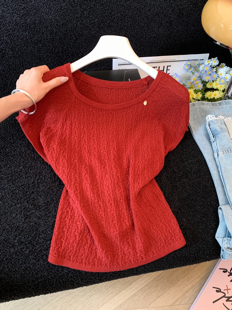 Retro Red Round Neck Cap Sleeve Knit Short Sleeve Women Summer Back Cross Tie Waist Slimming Cropped Top