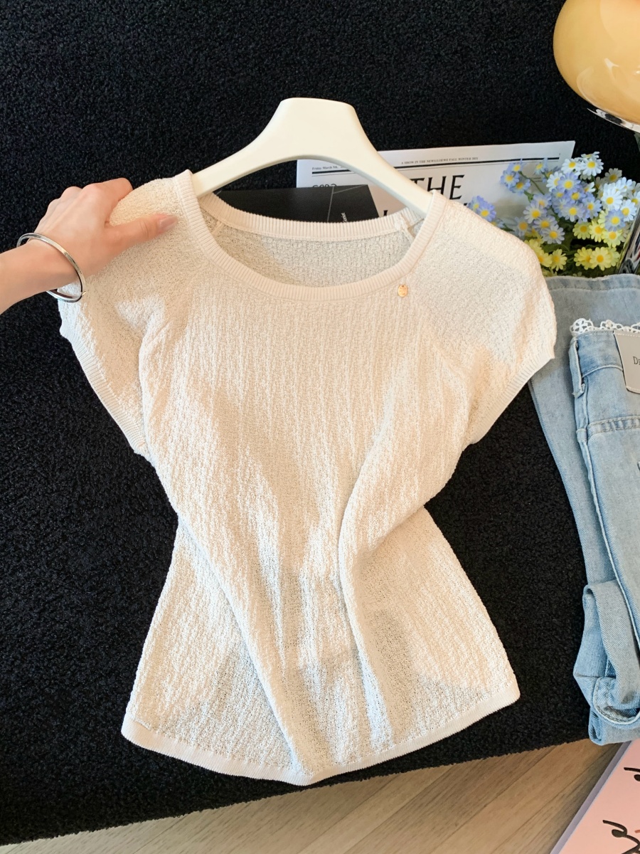 Retro Red Round Neck Cap Sleeve Knit Short Sleeve Women Summer Back Cross Tie Waist Slimming Cropped Top - Image 2