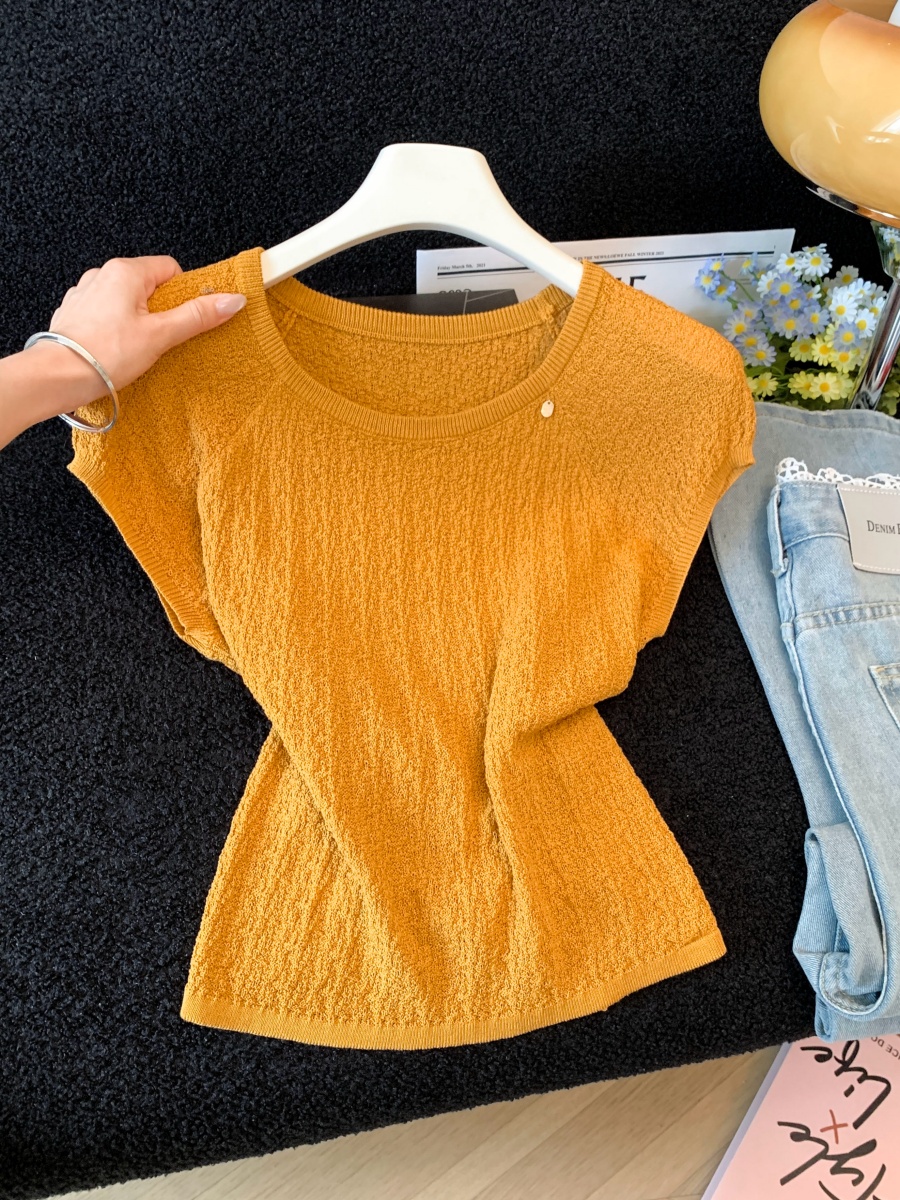 Retro Red Round Neck Cap Sleeve Knit Short Sleeve Women Summer Back Cross Tie Waist Slimming Cropped Top - Image 3