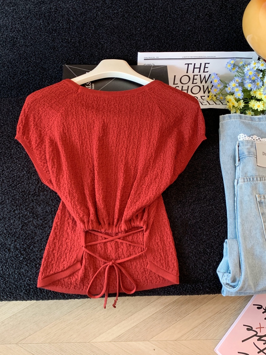 Retro Red Round Neck Cap Sleeve Knit Short Sleeve Women Summer Back Cross Tie Waist Slimming Cropped Top - Image 4