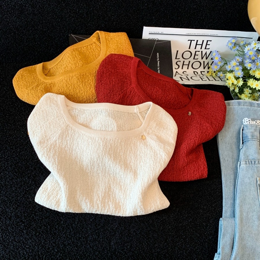 Retro Red Round Neck Cap Sleeve Knit Short Sleeve Women Summer Back Cross Tie Waist Slimming Cropped Top - Image 5