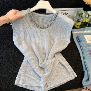 French Style Rhinestone V-Neck Flutter Sleeve Knit Top for Women Summer Loose Slimming Pullover