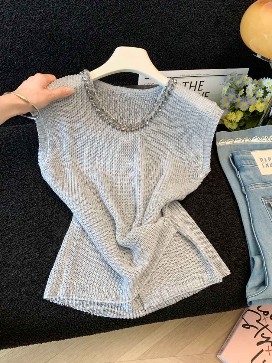 French Style Rhinestone V-Neck Flutter Sleeve Knit Top for Women Summer Loose Slimming Pullover