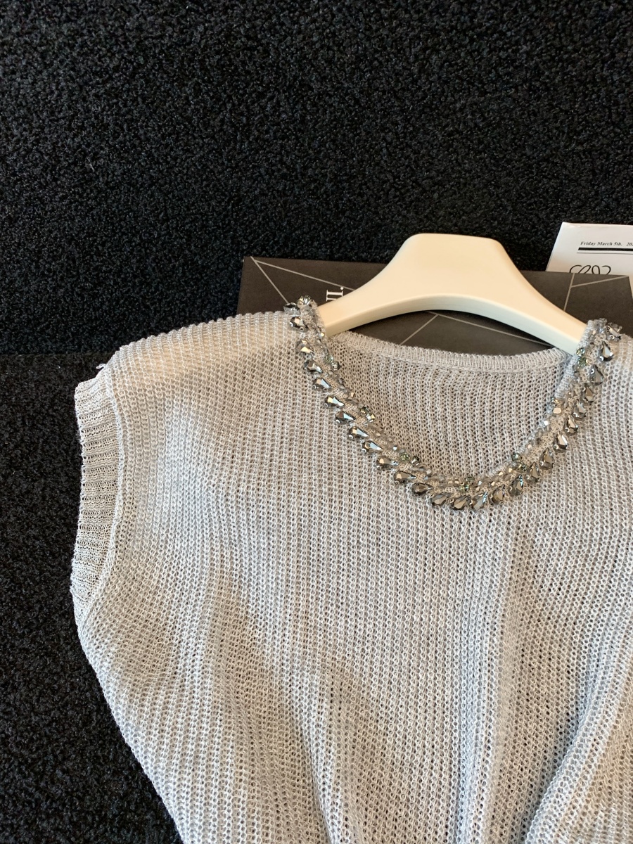 French Style Rhinestone V-Neck Flutter Sleeve Knit Top for Women Summer Loose Slimming Pullover - Image 4
