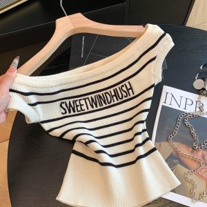 Striped Knit Top Women Summer One Shoulder Slim Fit