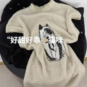 Korean Cute Cartoon Cat Crew Neck Short Sleeve Knit Top Women Summer Thin Slimming