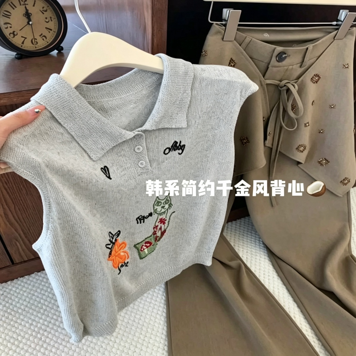 Korean Style Cat Flower Embroidered Collar Sleeveless Knit Vest Women 2026 Summer Loose Polo Top - Style f8f8a7 - Image 2