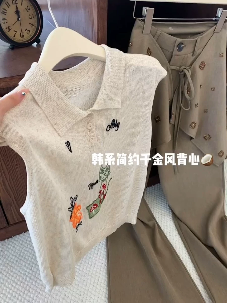 Korean Style Cat Flower Embroidered Collar Sleeveless Knit Vest Women 2026 Summer Loose Polo Top - Style f8f8a7