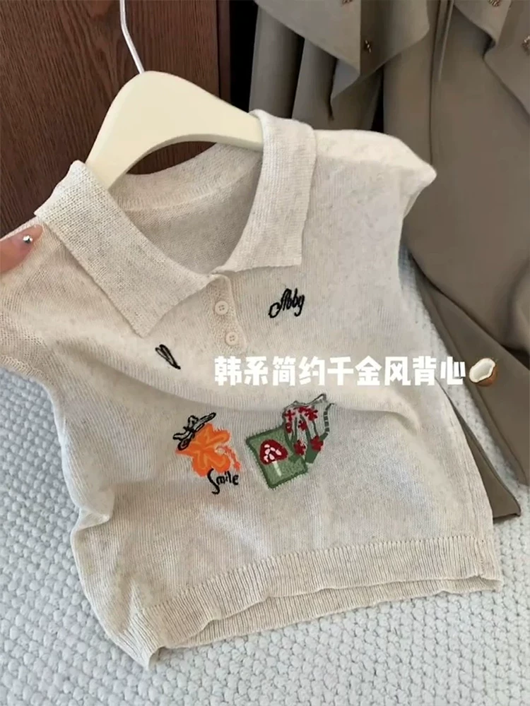 Korean Style Cat Flower Embroidered Collar Sleeveless Knit Vest Women 2026 Summer Loose Polo Top - Style f8f8a7 - Image 4