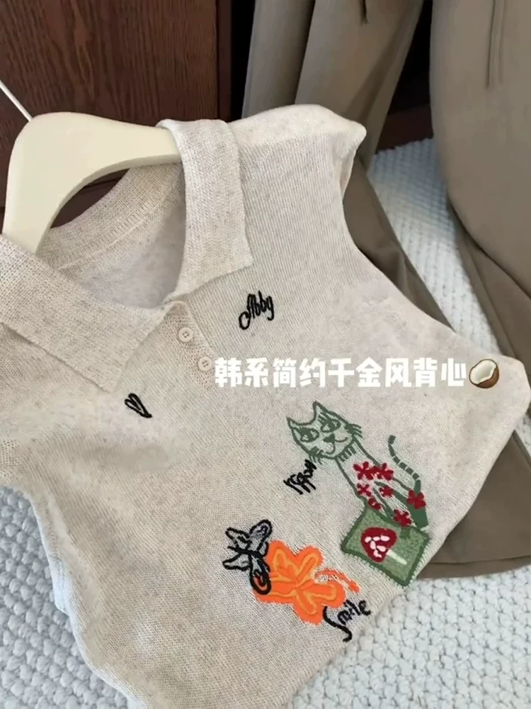 Korean Style Cat Flower Embroidered Collar Sleeveless Knit Vest Women 2026 Summer Loose Polo Top - Style f8f8a7 - Image 3