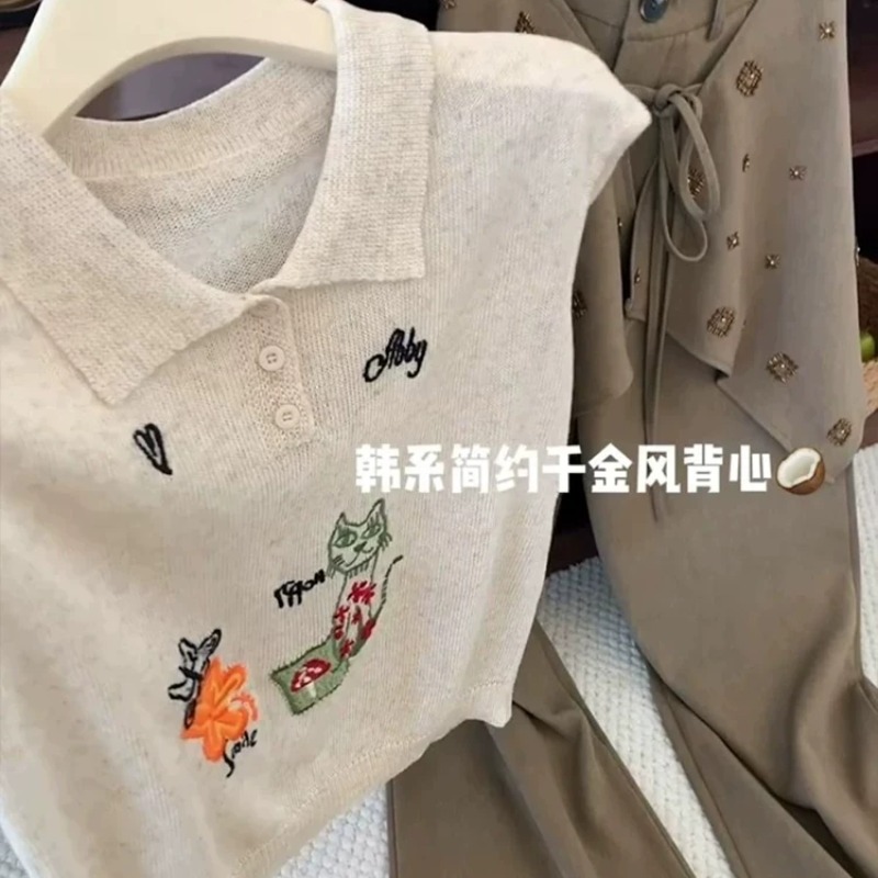 Korean Style Cat Flower Embroidered Collar Sleeveless Knit Vest Women 2026 Summer Loose Polo Top - Style f8f8a7 - Image 5