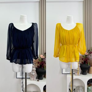 Fart Shop Dreamy V-Neck Sheer Pleated Tie-Front Chiffon Top for Women Summer Half-Sleeve