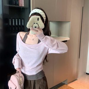 Pink One-Shoulder Long-Sleeve T-Shirt for Women 2026 Early Autumn Korean Style Lazy Two-Piece Set