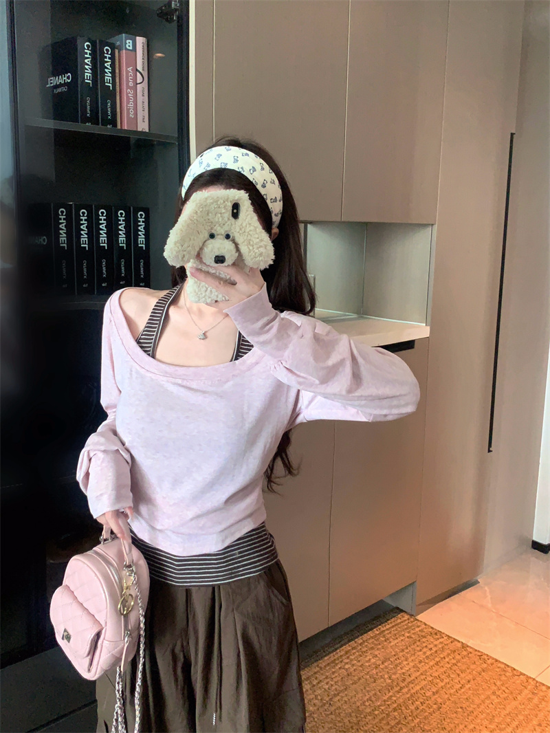 Pink One-Shoulder Long-Sleeve T-Shirt for Women 2026 Early Autumn Korean Style Lazy Two-Piece Set