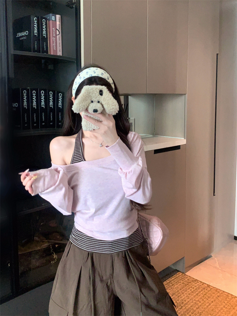 Pink One-Shoulder Long-Sleeve T-Shirt for Women 2026 Early Autumn Korean Style Lazy Two-Piece Set - Image 3