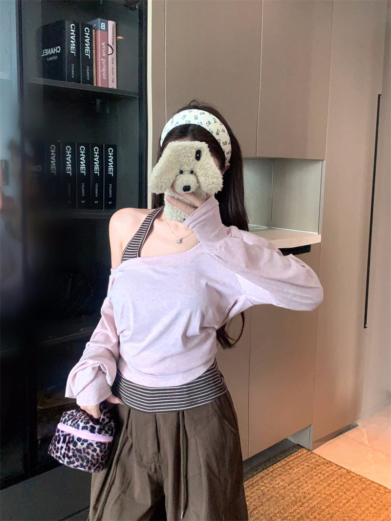 Pink One-Shoulder Long-Sleeve T-Shirt for Women 2026 Early Autumn Korean Style Lazy Two-Piece Set - Image 4