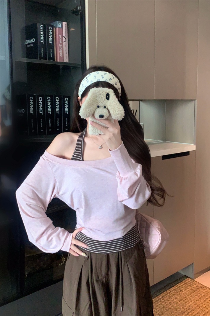 Pink One-Shoulder Long-Sleeve T-Shirt for Women 2026 Early Autumn Korean Style Lazy Two-Piece Set - Image 5