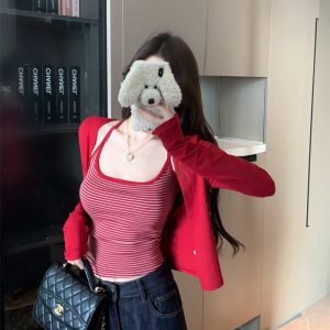 Color Block Fine Stripe Short Sleeve T-Shirt Cardigan Set Korean Casual Two-Piece